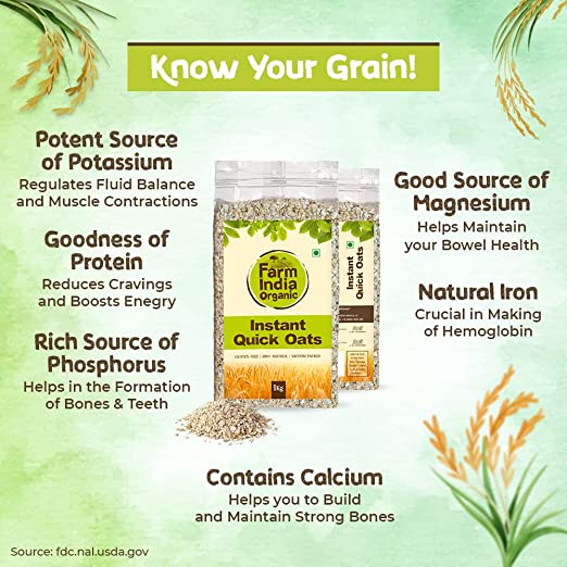 Farm India Organic Instant Oats | Certified Gluten Free | Vacuum Packed | 1 kg - Farm India Organic