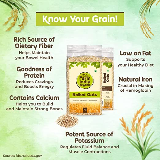 Farm India Organic Rolled Oats | Certified Gluten Free | Vacuum Packed | 1 kg - Farm India Organic