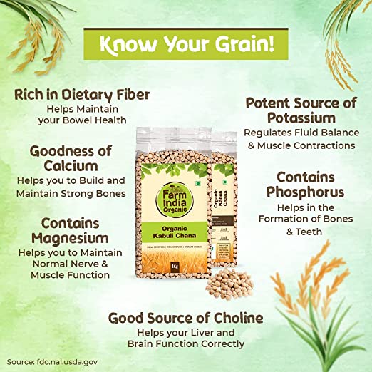 Organic Kabuli Chana (Unpolished) | USDA Organic | Vacuum Packed | White Chickpeas | 1 kg - Farm India Organic