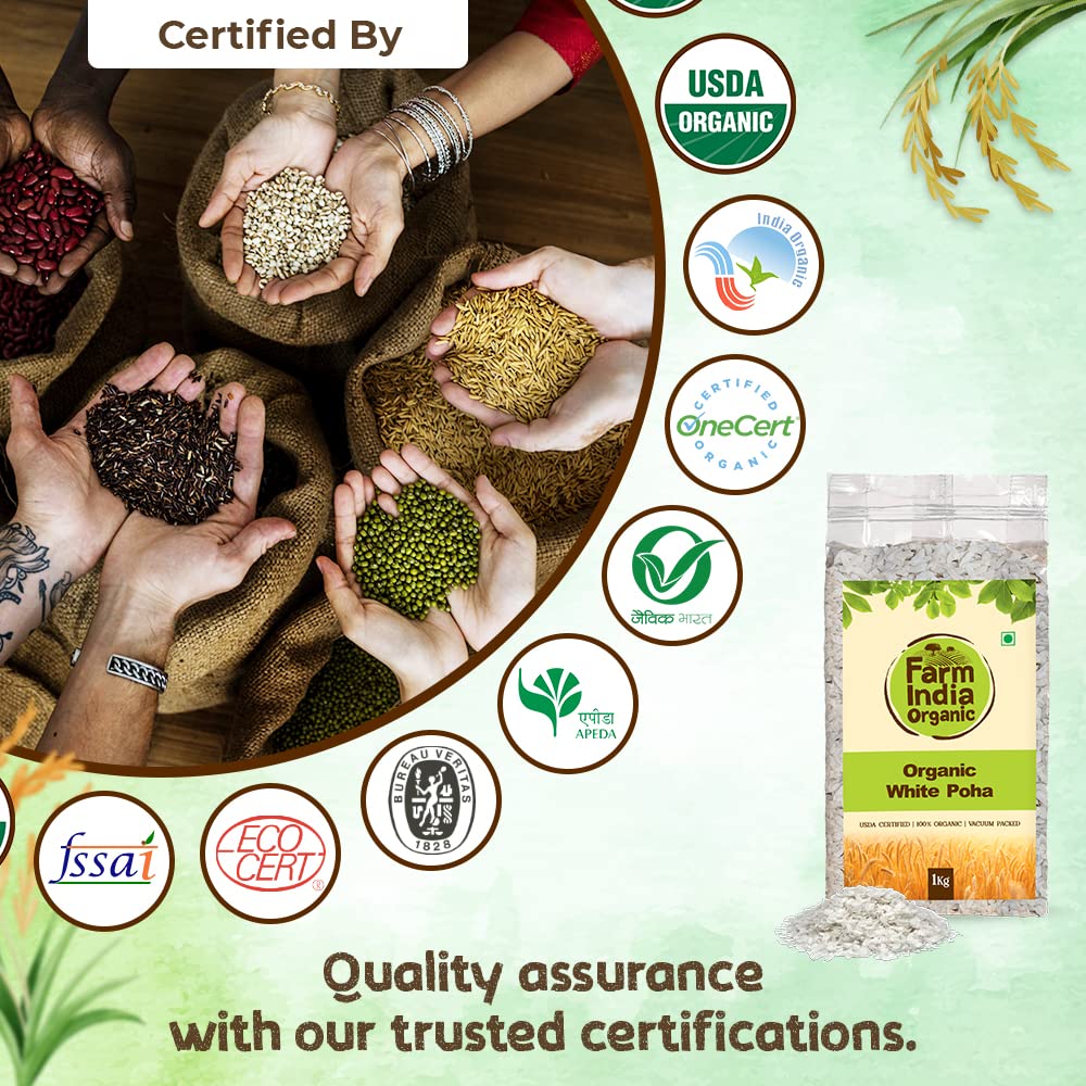 Farm India Organic White Poha | USDA Organic | Vacuum Packed | 1 kg | 100% Organic - Farm India Organic
