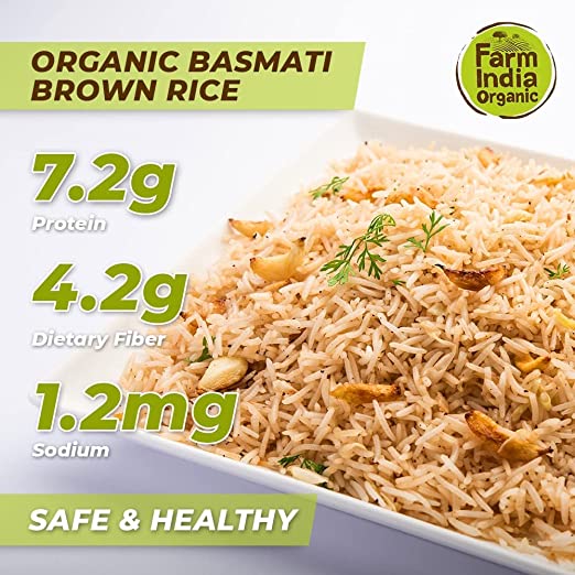 Organic Basmati Brown Rice | USDA Organic | Vacuum Packed | 1 kg - Farm India Organic