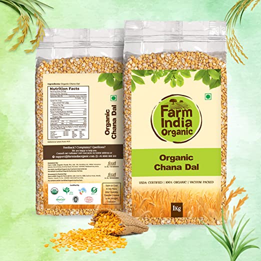Organic Chana (Bengal Gram) Dal | USDA Organic | Vacuum Packed | Split Chickpeas | 1 kg - Farm India Organic