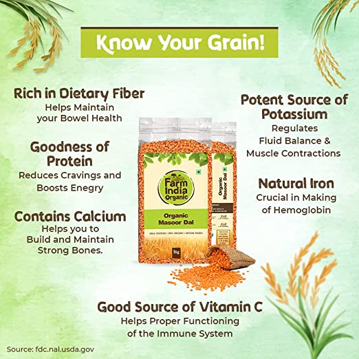 Organic Masoor Dal Skinless | USDA Organic | Vacuum Packed | Split Chickpeas | 1 kg - Farm India Organic