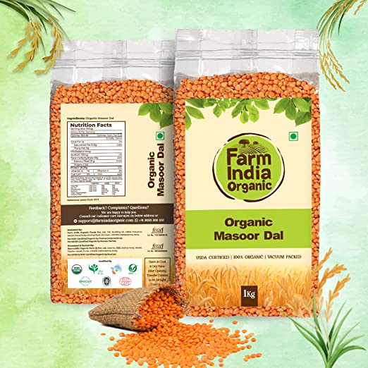 Organic Masoor Dal Skinless | USDA Organic | Vacuum Packed | Split Chickpeas | 1 kg - Farm India Organic