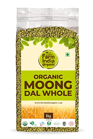 Organic Moong Dal Whole| USDA Organic | Vacuum Packed | Split Chickpeas | 1 kg - Farm India Organic