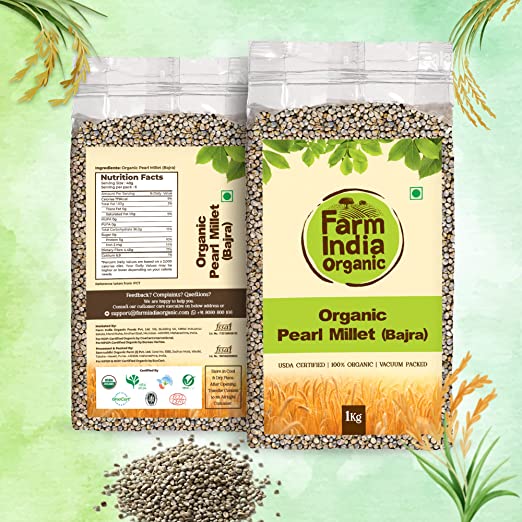 Organic Pearl Millet Bajra | USDA Organic | Vacuum Packed | 1 kg - Farm India Organic