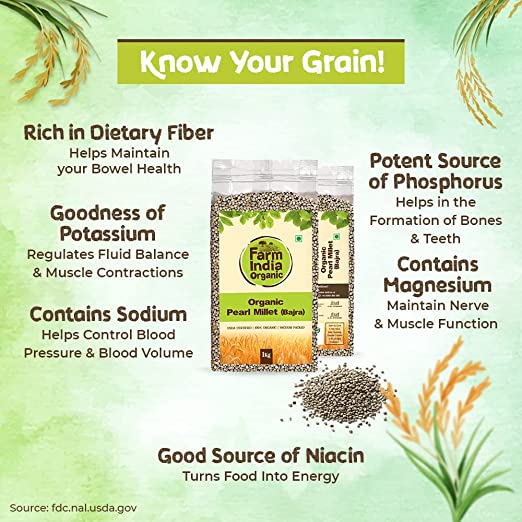 Organic Pearl Millet Bajra | USDA Organic | Vacuum Packed | 1 kg - Farm India Organic