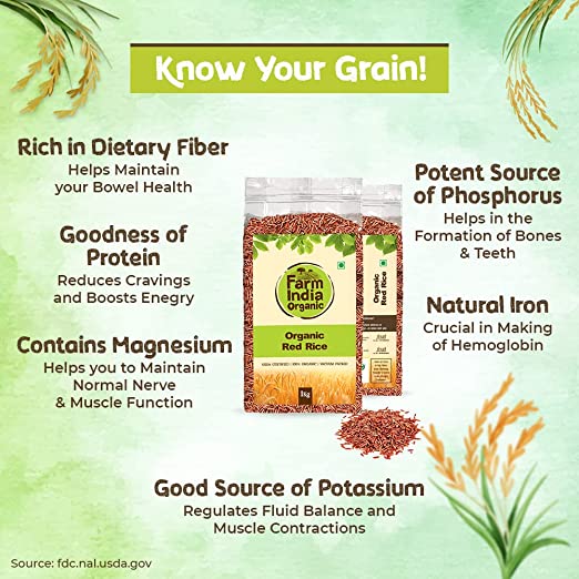 Organic Red Rice | USDA Organic | Vacuum Packed | 1 kg - Farm India Organic